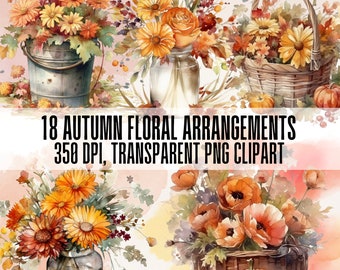 Watercolor Autumn Floral Clipart: Rustic Bouquet PNG Bundle (Commercial Use)