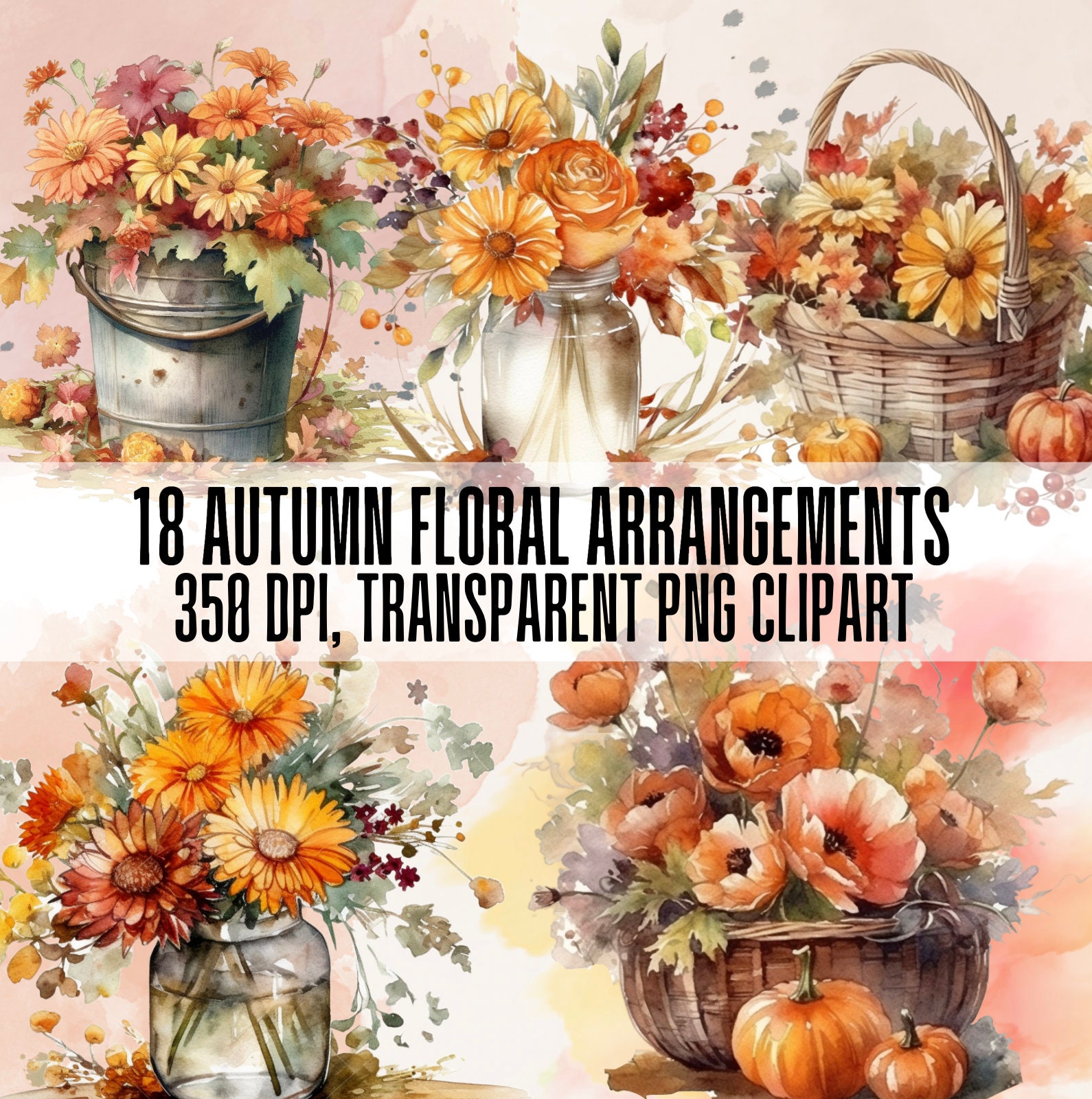 Autumn Floral Arrangements Clipart Bundle. Watercolor Fall Flowers