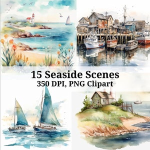 Watercolor Seaside Clipart Bundle Seaside Scenes, PNG, Commercial use. Lighthouse, boats, beach, sail, ocean, houses, marina, nautical.