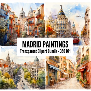 Aquarel Madrid Spanje clipart png bundel. Stadsschilderijen, kleurrijke huizen, Europa-landschap, reisverslag, prenten Spanje. Commercieel gebruik.