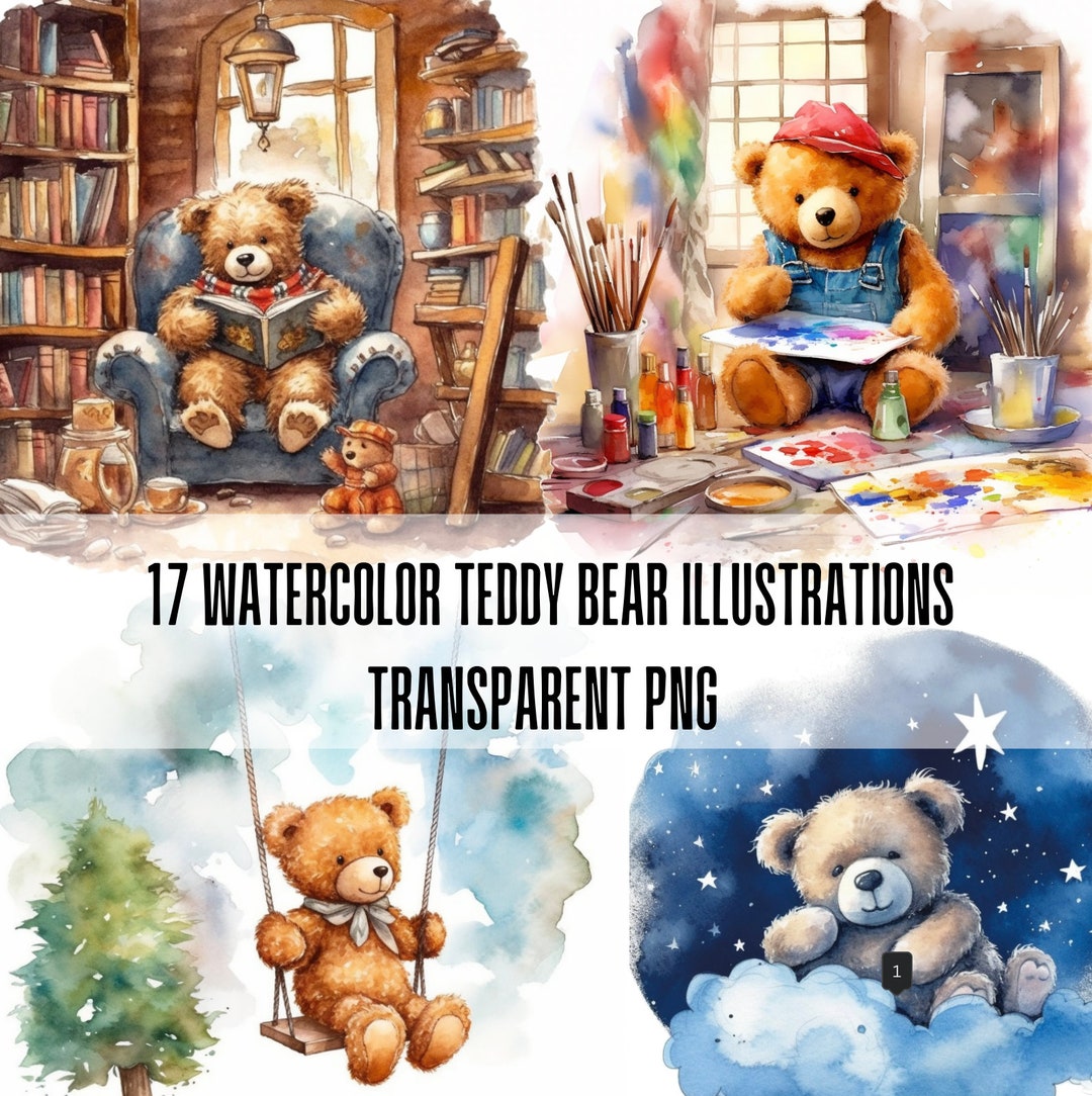 Watercolour Teddy Bear Clipart PNG Bundle. Kids Room Nursery Decor Wall ...