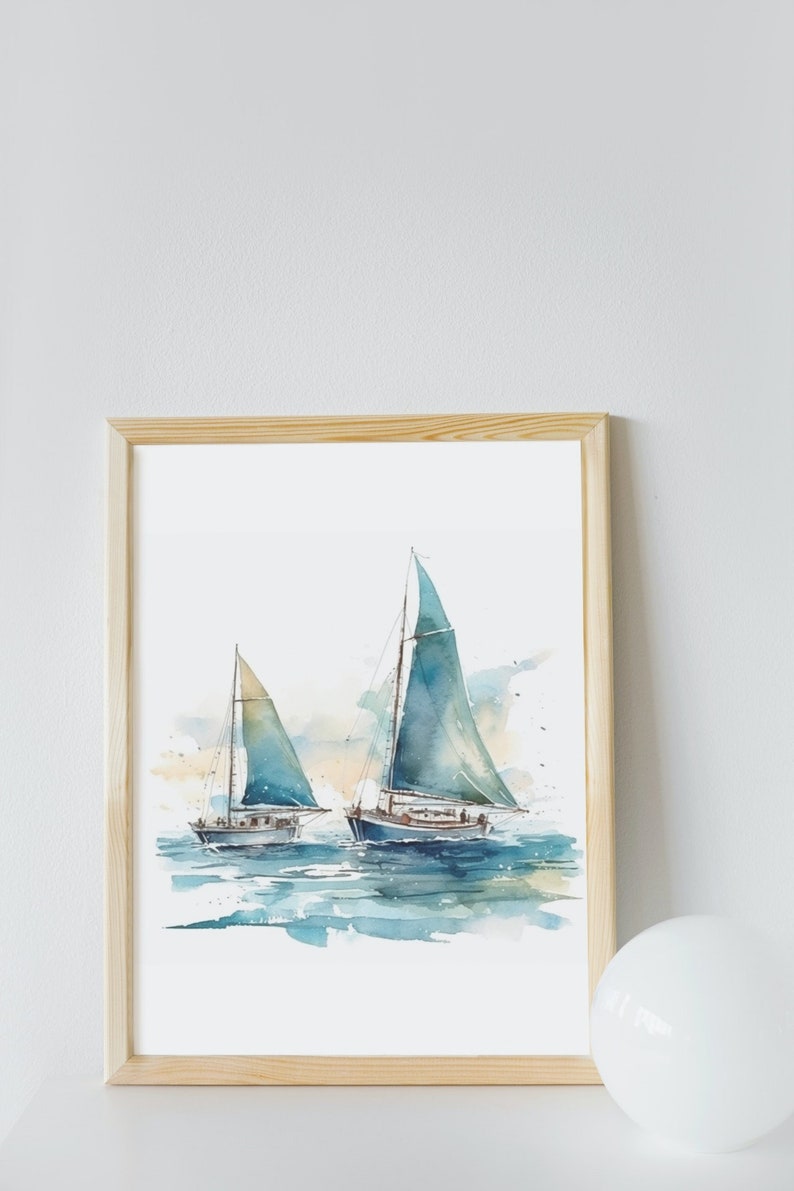May include: A watercolor painting of two sailboats on the water. The sailboats are blue and white with green sails. The water is a light blue color and there is a light blue sky in the background.