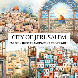 Pinturas de la ciudad de Jerusalén, casas, calles y paisajes coloridos. Arte de Oriente Medio, regalo de Tierra Santa. Imágenes prediseñadas transparentes, uso comercial.