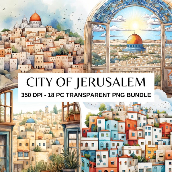 Jerusalem  City Paintings, Colorful houses, streets, and scenery. Middle Eastern art, Holy land gift. Transparent clipart, Commercial use.