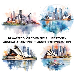 Aquarelkunststijl van Australië 16 stuks bundel transparante png 350 DPI digitale download. Stad water oceaan gebouwen Sydney Opera House - 1