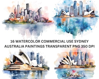 Sydney, Australia - Clipart ad acquerello: Città e Teatro dell'Opera (Download digitale)