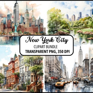 Watercolor New York City Clipart, skyscrapers, streets, houses, and parks. Transparent PNG bundle for commercial use, travel art, printable