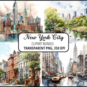 Watercolor New York City Clipart, skyscrapers, streets, houses, and parks. Transparent PNG bundle for commercial use, travel art, printable