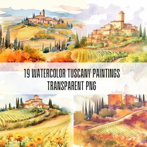 19 Watercolor Tuscany Italy illustrations. Clipart PNG Bundle. Cozy Italian village, sunset, Greenery, hills, houses, trees, commercial use