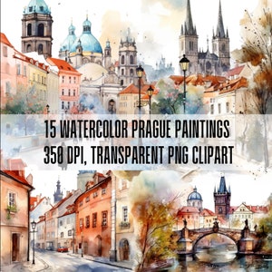 15 Stück Aquarell Prag Tschechische Republik Illustration Clipart PNG Bundle. Aquarell Gebäude, Burgen, Schlösser, Kathedralen, Stadt, kommerzielle Nutzung.