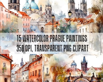 Watercolor Prague Clipart: City Buildings, Castles (PNG Digital Download)