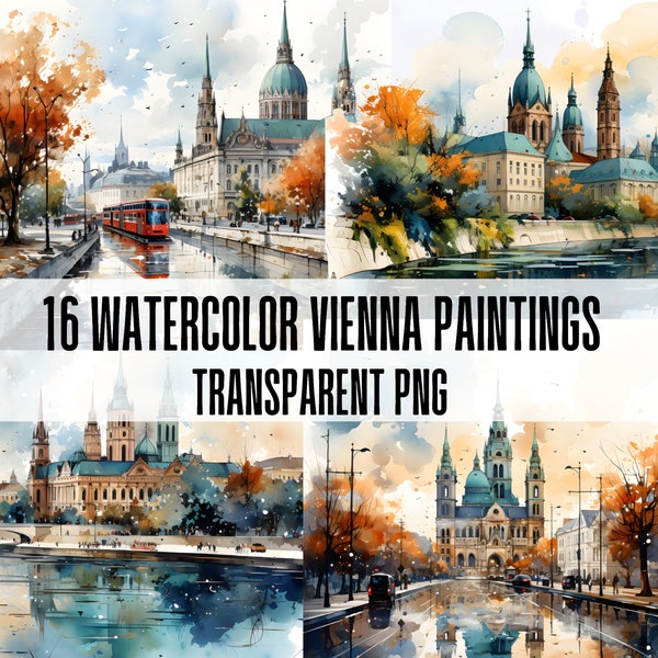 Watercolor Vienna Austria Scenes, cozy homes, castle streets, trees,  Vienna Austria. 16 pc PNG transparent clipart bundle. Commercial Use