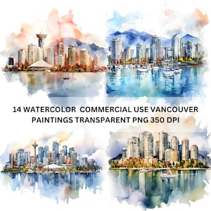 バンクーバーの水彩画スタイル 14 個バンドル 透明 png 350 DPI デジタル ダウンロード。都市 水 海 建物 山 展望台 - 1