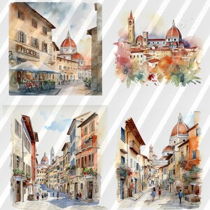 K&ouml;nnte beinhalten: Ein Aquarellbild mit vier verschiedenen Szenen aus Florenz, Italien. Die erste Szene zeigt eine Stra&szlig;e mit einem Caf&eacute; und dem Dom im Hintergrund. Die zweite Szene zeigt einen Panoramablick auf die Stadt mit dem Dom und anderen Geb&auml;uden. Die dritte Szene zeigt eine enge Stra&szlig;e mit Geb&auml;uden auf beiden Seiten. Die vierte Szene zeigt eine Stra&szlig;e mit dem Dom im Hintergrund.