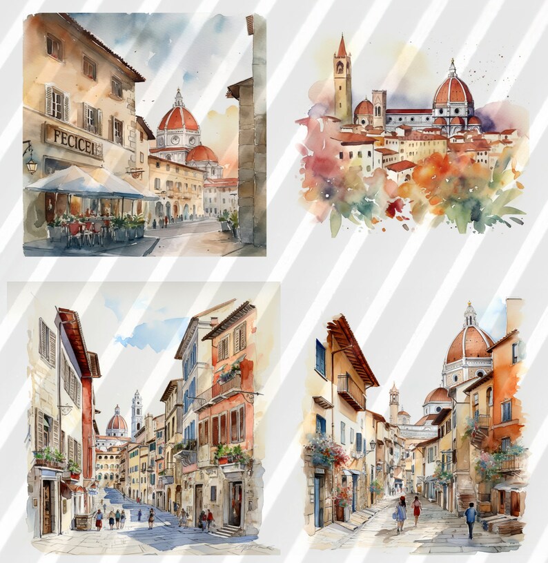 K&ouml;nnte beinhalten: Ein Aquarellbild mit vier verschiedenen Szenen aus Florenz, Italien. Die erste Szene zeigt eine Stra&szlig;e mit einem Caf&eacute; und dem Dom im Hintergrund. Die zweite Szene zeigt einen Panoramablick auf die Stadt mit dem Dom und anderen Geb&auml;uden. Die dritte Szene zeigt eine enge Stra&szlig;e mit Geb&auml;uden auf beiden Seiten. Die vierte Szene zeigt eine Stra&szlig;e mit dem Dom im Hintergrund.