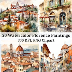 Paquete de 20 imágenes prediseñadas de acuarela de Florencia, Italia, PNG. Edificios de acuarela, imágenes prediseñadas de acuarela, diario de viaje, uso comercial.