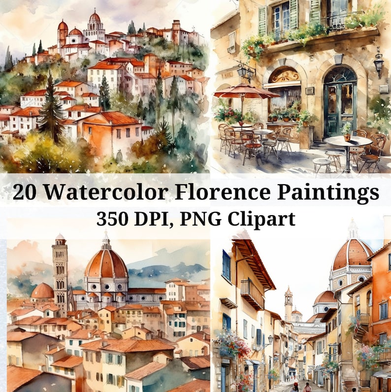 K&ouml;nnte beinhalten: 20 Aquarellmalereien von Florenz, Italien. Die Gem&auml;lde zeigen verschiedene Szenen der Stadt, darunter den Dom, die Ponte Vecchio und den Arno. Die Gem&auml;lde sind in einem realistischen Stil gehalten und zeigen eine Vielzahl von Farben, darunter Blau, Gr&uuml;n, Braun und Gelb. Die Gem&auml;lde haben eine Aufl&ouml;sung von 350 DPI und sind im PNG-Format.