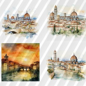 K&ouml;nnte beinhalten: Vier Aquarelle, die verschiedene Ansichten der Stadt Florenz in Italien zeigen. Die Gem&auml;lde zeigen ber&uuml;hmte Sehensw&uuml;rdigkeiten wie den Dom, die Ponte Vecchio und den Arno.