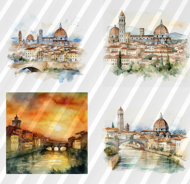 K&ouml;nnte beinhalten: Vier Aquarelle, die verschiedene Ansichten der Stadt Florenz in Italien zeigen. Die Gem&auml;lde zeigen ber&uuml;hmte Sehensw&uuml;rdigkeiten wie den Dom, die Ponte Vecchio und den Arno.