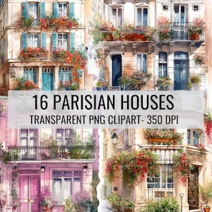Aquarell Paris Fance Häuser, Blumen, Straßen, Fenster, Wohnungen. Transparente PNG-Clipart. Kommerzielle Nutzung. 16 Stück Illustrationen.