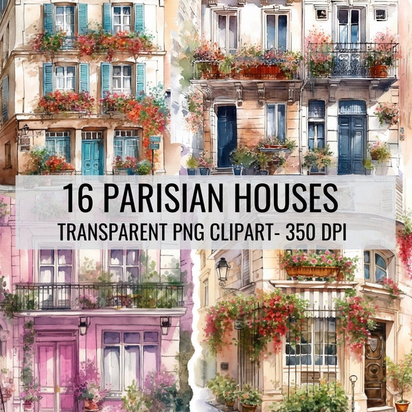 Watercolor Paris Fance houses, flowers, streets, windows, apartments. PNG transparent clipart. Commercial use. 16pc illustration bundle.