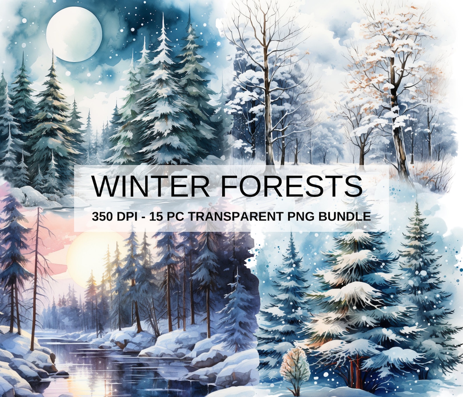 Watercolor Winter Forest Clipart Bundle, Snowy Trees, Sunsets, Lakes ...