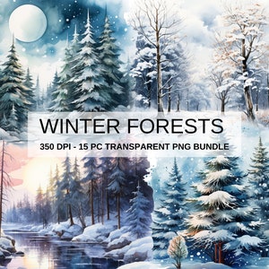 Clipart forêt hiver aquarelle, peintures de paysages nature avec arbres enneigés, couchers de soleil, lacs. Pack à usage commercial.