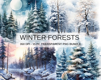 Watercolor Winter Forest Clipart Bundle, Snowy Trees, Sunsets, Lakes (Digital Download)