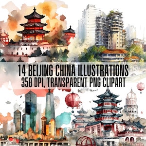 Aquarell Peking China Clipart. Chinesische Stadt, Häuser, Asien Reisen, Kartenherstellung, Stadt Clipart, 14-teiliges transparentes PNG-Bundle. Kommerzielle Nutzung