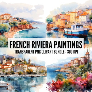 Cenário de aquarela da Riviera Francesa, porto, cidade, flores, praia. Clipart transparente PNG da França. Uso comercial. Ilustrações do pacote de 16 peças