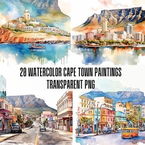 20 illustrazioni artistiche di Città del Capo in acquerello, Sud Africa. Pacchetto di clipart PNG. Stampa di Città del Capo. Poster di Città del Capo. Clipart per uso commerciale.
