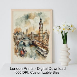 Set of 12 Watercolor London England Prints, 600 DPI digital download, London bridge, London streets, parks, London bus, skyline, landmarks