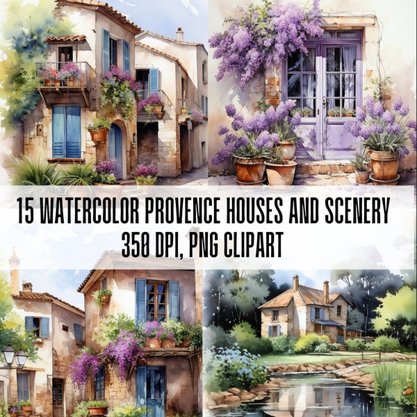 Aquarelle Provence France paysages, rues, nature, arbres, maisons confortables. Lot de cliparts PNG. Utilisation commerciale. Lot de 15 illustrations