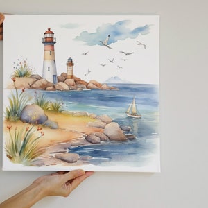 May include: Watercolor painting of a seascape with two lighthouses on a rocky shore, a sailboat on the water, and birds flying overhead.
