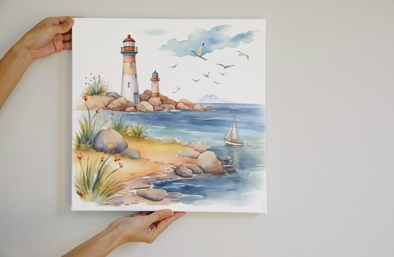 May include: Watercolor painting of a seascape with two lighthouses on a rocky shore, a sailboat on the water, and birds flying overhead.