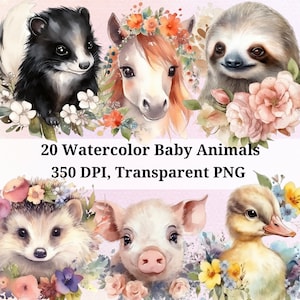 Aquarelle bébé animal Clipart, lot PNG transparent, animaux avec des fleurs, fleurs sauvages, animaux de la forêt, animaux mignons, usage commercial