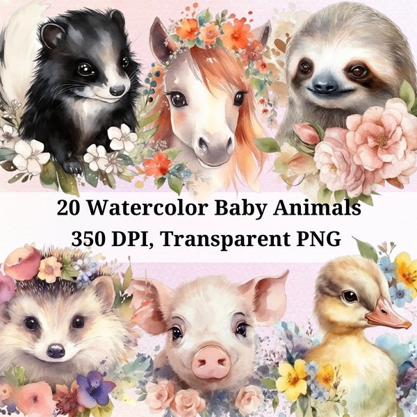 Watercolor Baby Animal Clipart, Transparent PNG bundle, Animals with flowers, Wildflower, forest animals, cute animals, commercial use