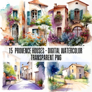 Watercolor Provence France scenery, streets, nature, trees, cozy homes. PNG transparent clipart. Commercial use. 15pc Bundle illustrations
