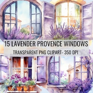 Aquarel Provence Frankrijk ramen, lavendel, bloemen. PNG transparante clipartbundel. Commercieel gebruik. 15-delige bundelillustraties