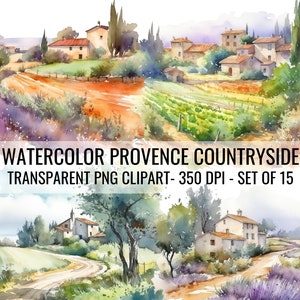 Akwarela Prowansja Francja krajobraz wiejski, wieś, natura, francuski, przytulne domy. PNG przezroczysty clipart. Użytek komercyjny. 15-częściowy pakiet.