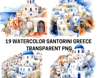 Santorini Greece Watercolor Clipart: Transparent PNG Images (Commercial Use)