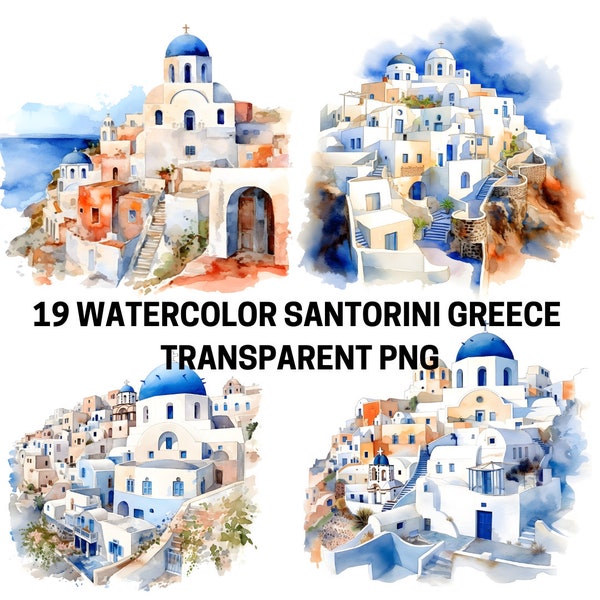 19 Watercolor Santorini Greece Paintings. Clipart PNG Transparent Background. Santorini decor. Santorini print. Commercial use clipart.