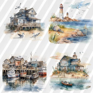 May include: A watercolor painting of four different seaside scenes. The top left scene shows a gray wooden house on stilts with two seagulls in the foreground. The top right scene shows a red and white lighthouse on a rocky shore with a sailboat in the distance. The bottom left scene shows a group of gray wooden buildings with a fishing boat in the foreground. The bottom right scene shows a gray wooden house with a red roof and a small boat in the water.