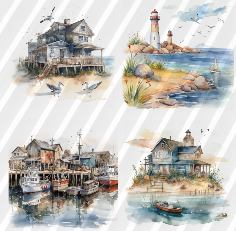 May include: A watercolor painting of four different seaside scenes. The top left scene shows a gray wooden house on stilts with two seagulls in the foreground. The top right scene shows a red and white lighthouse on a rocky shore with a sailboat in the distance. The bottom left scene shows a group of gray wooden buildings with a fishing boat in the foreground. The bottom right scene shows a gray wooden house with a red roof and a small boat in the water.