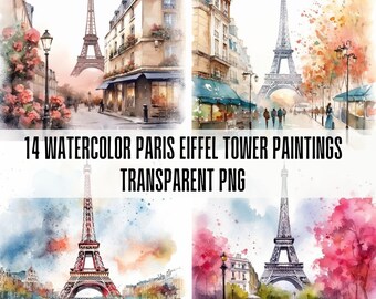 Watercolor Paris Eiffel Tower Clipart: Cityscape PNG Bundle (Digital Download)
