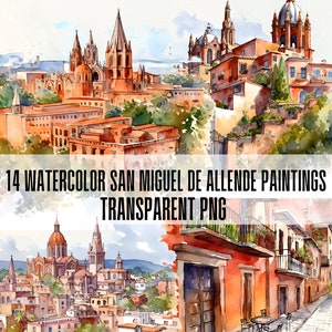 14 Pinturas em aquarela da Cidade do México. San Miguel de Allende. Impressões digitais. Impressões de viagem. Catedral, arte latino-americana. Arte de uso comercial
