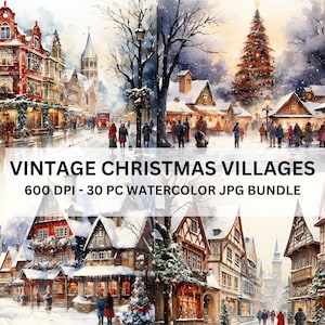 Pinturas vintage de vilas de Natal, arte para impressão, cidade aconchegante de inverno, casas nevadas, árvores, criação de cartões, download digital, uso comercial.