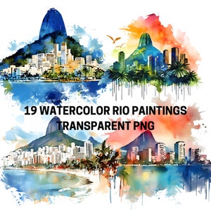 19 Aquarela Rio De Janeiro, Brasil e cenas da cidade. PNG Clipart Bundle. Uso comercial. Arte de parede do Rio, impressões digitais, pôster do Rio, montanha