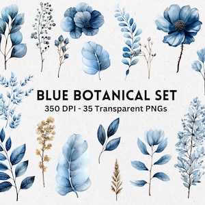 Blauwe botanische clipart, aquarel bloem- en bladelementen, blauwe bloemenafbeeldingen voor uitnodigingen, kaarten maken, scrapbooking, transparante png.