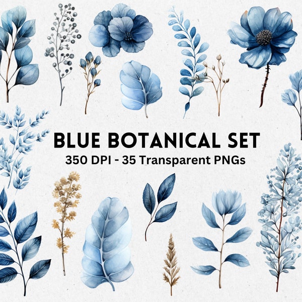 Blue Botanical Clipart, Watercolor Flower & Leaf Elements, Blue Floral Graphics for Invitations, cardmaking Scrapbooking, Transparent PNG.